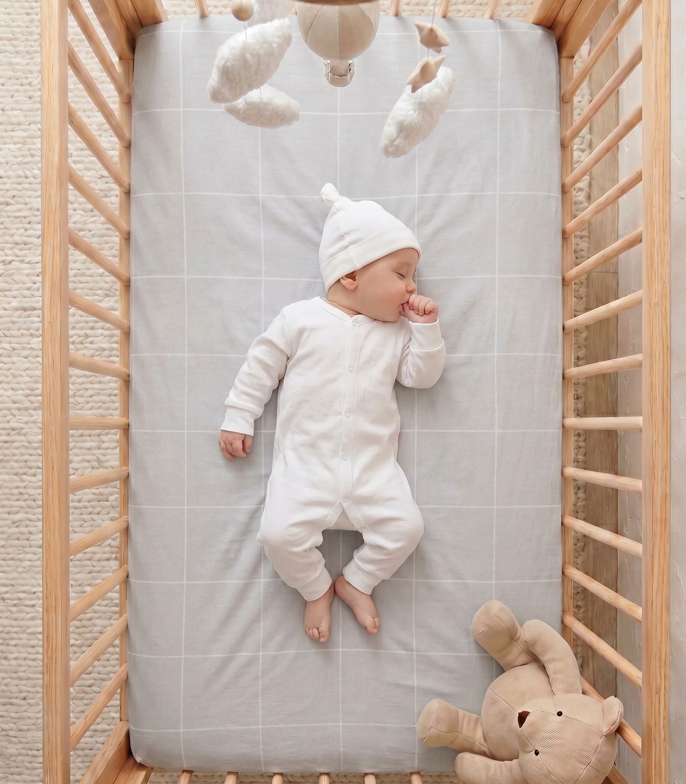 Organic Cotton Fitted - Flannelette Cot Sheet - Windowpane - Light Grey