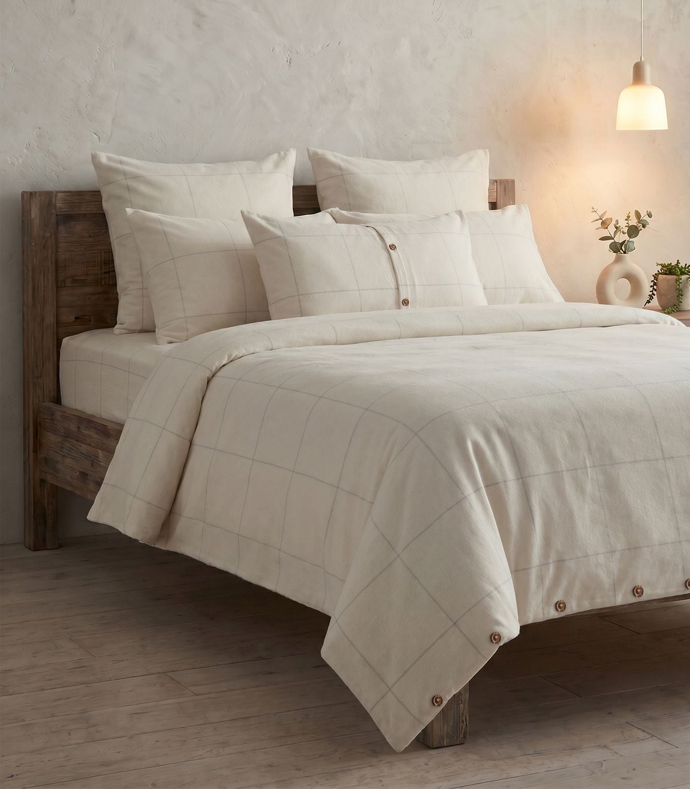 Organic Cotton Flannelette Plain Quilt Cover Set - Windowpane - Cream