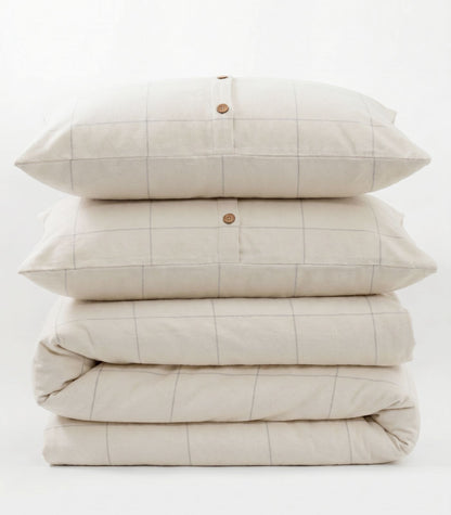 Organic Cotton Flannelette Plain Quilt Cover Set - Windowpane - Cream