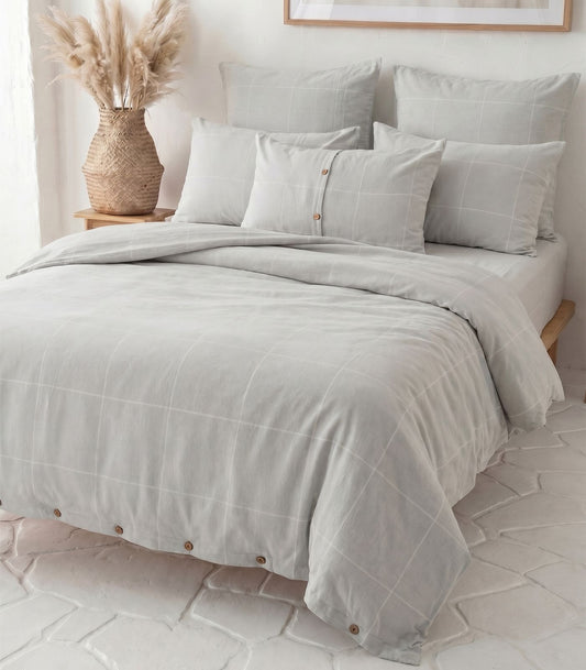 Organic Cotton Flannelette Plain Quilt Cover Set - Windowpane - Light Grey
