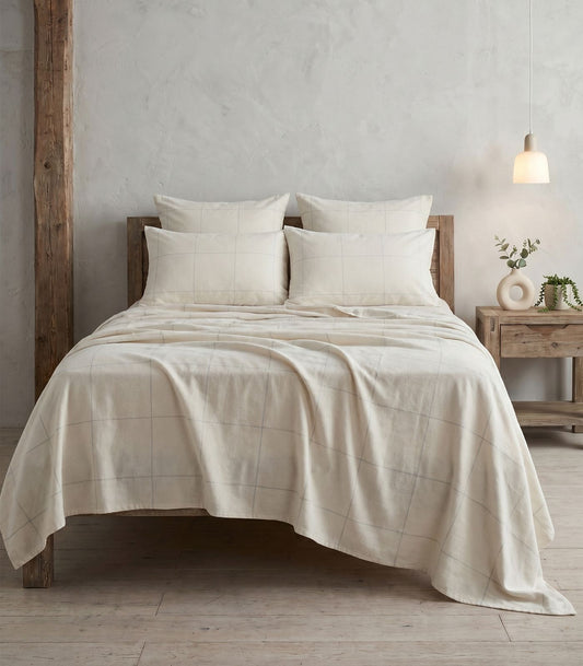Organic Cotton Flannelette Sheet Set - Windowpane - Cream