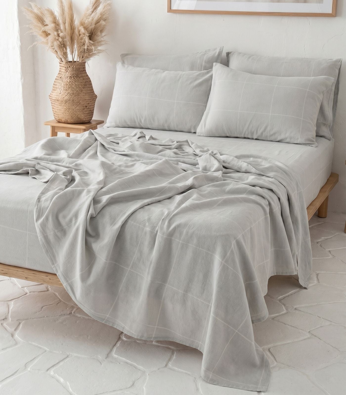 Organic Cotton Flannelette Sheet Set - Windowpane - Light Grey