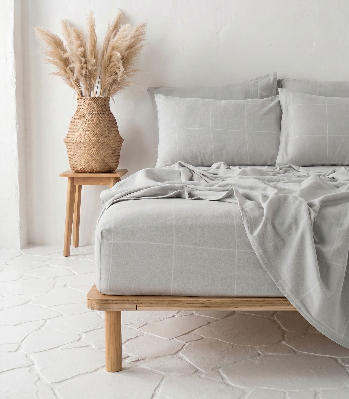 Organic Cotton Flannelette Sheet Set - Windowpane - Light Grey