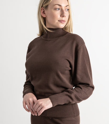 Bhumi Organic Cotton - Fine Knit High Neck Jumper - Chocolate