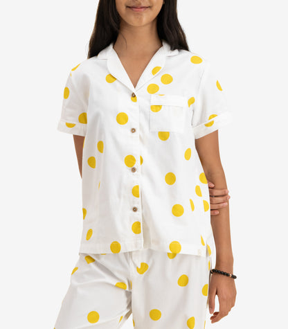 Bhumi Organic Cotton - Kids Sateen Short Sleeve PJ Set  - Mustard Dots