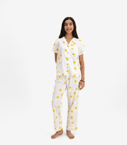 Bhumi Organic Cotton - Kids Sateen Short Sleeve PJ Set  - Mustard Dots