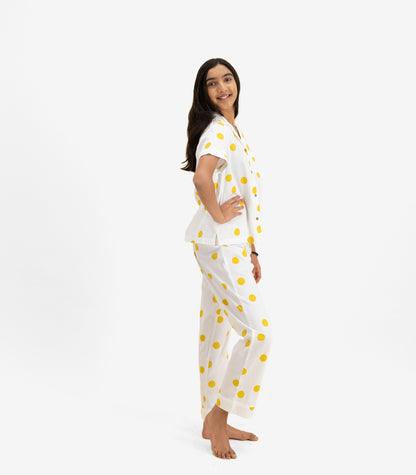 Bhumi Organic Cotton - Kids Sateen Short Sleeve PJ Set  - Mustard Dots