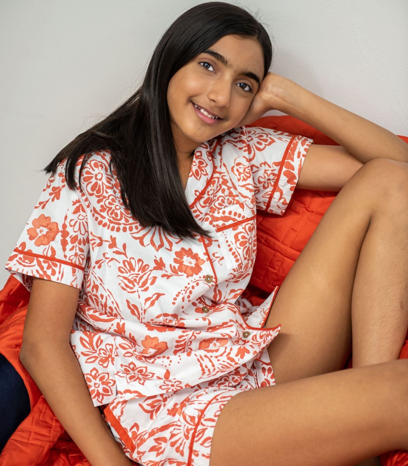 Bhumi Organic Cotton - Kids Sateen Short PJ Set - Floral - Saffron