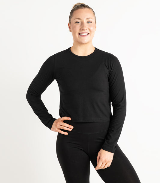 Long Sleeve Fitted Crop Top - Black