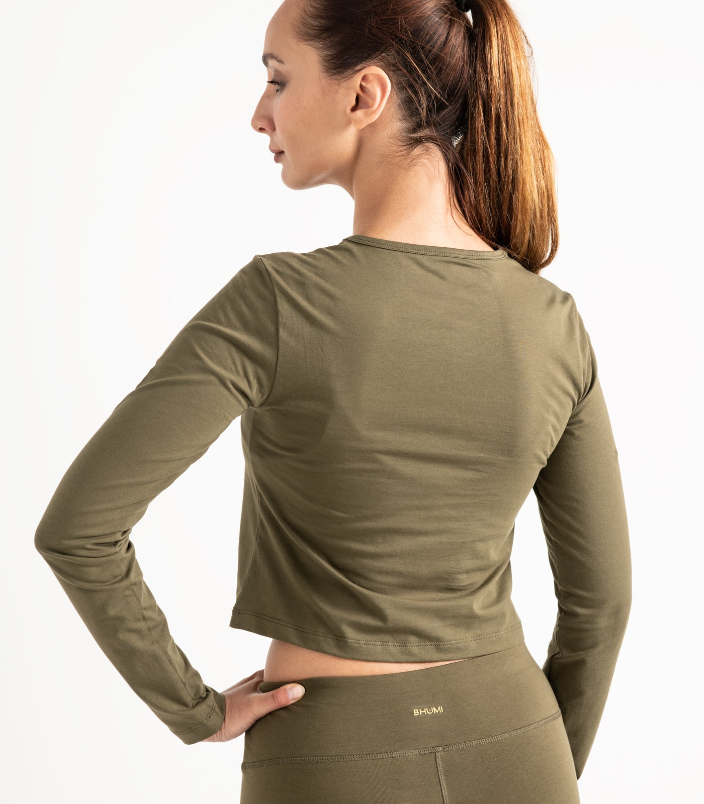 Long Sleeve Fitted Crop Top - Dark Olive