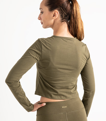 Long Sleeve Fitted Crop Top - Dark Olive