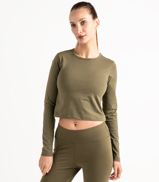 Long Sleeve Fitted Crop Top - Dark Olive
