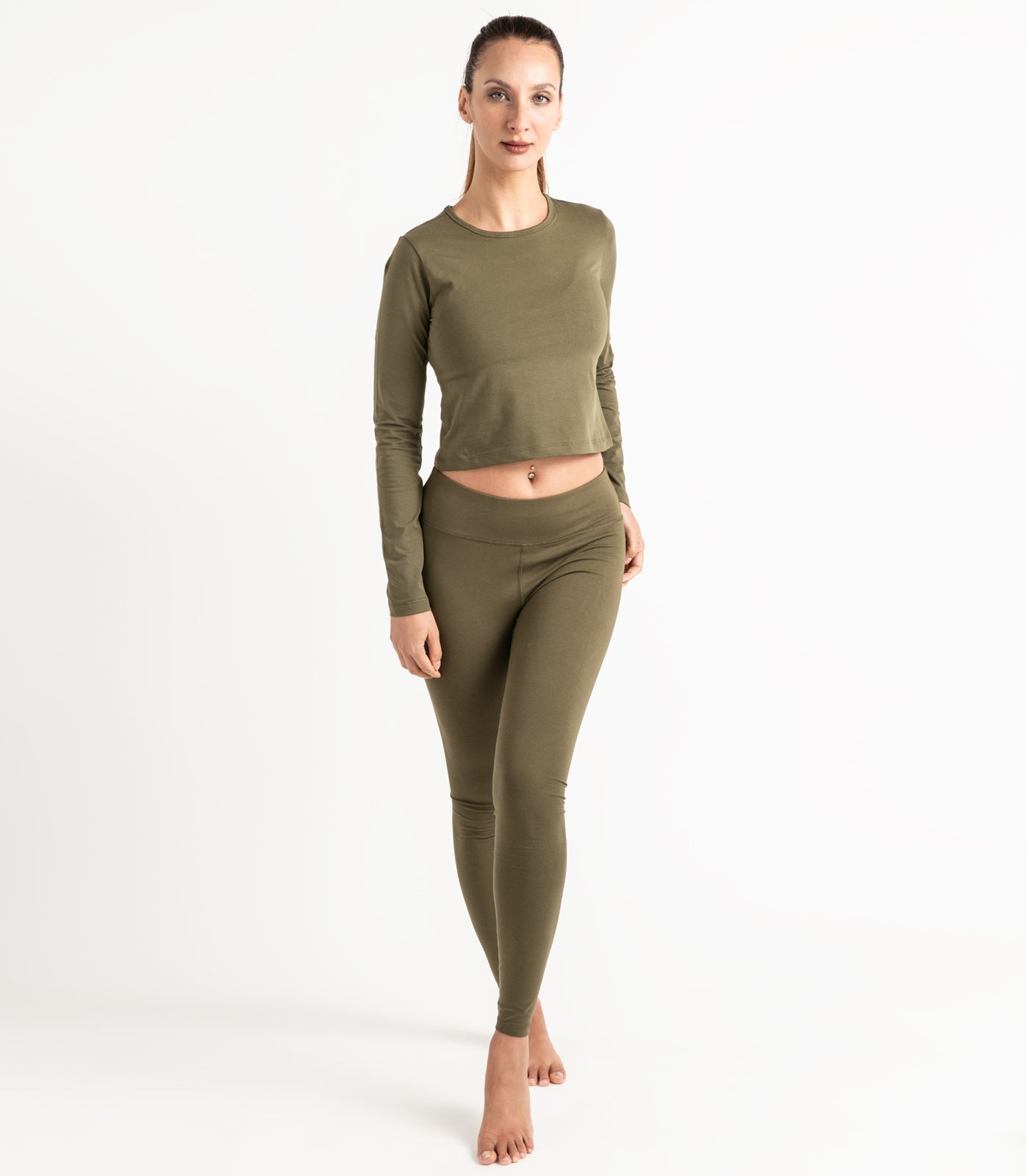 Long Sleeve Fitted Crop Top - Dark Olive