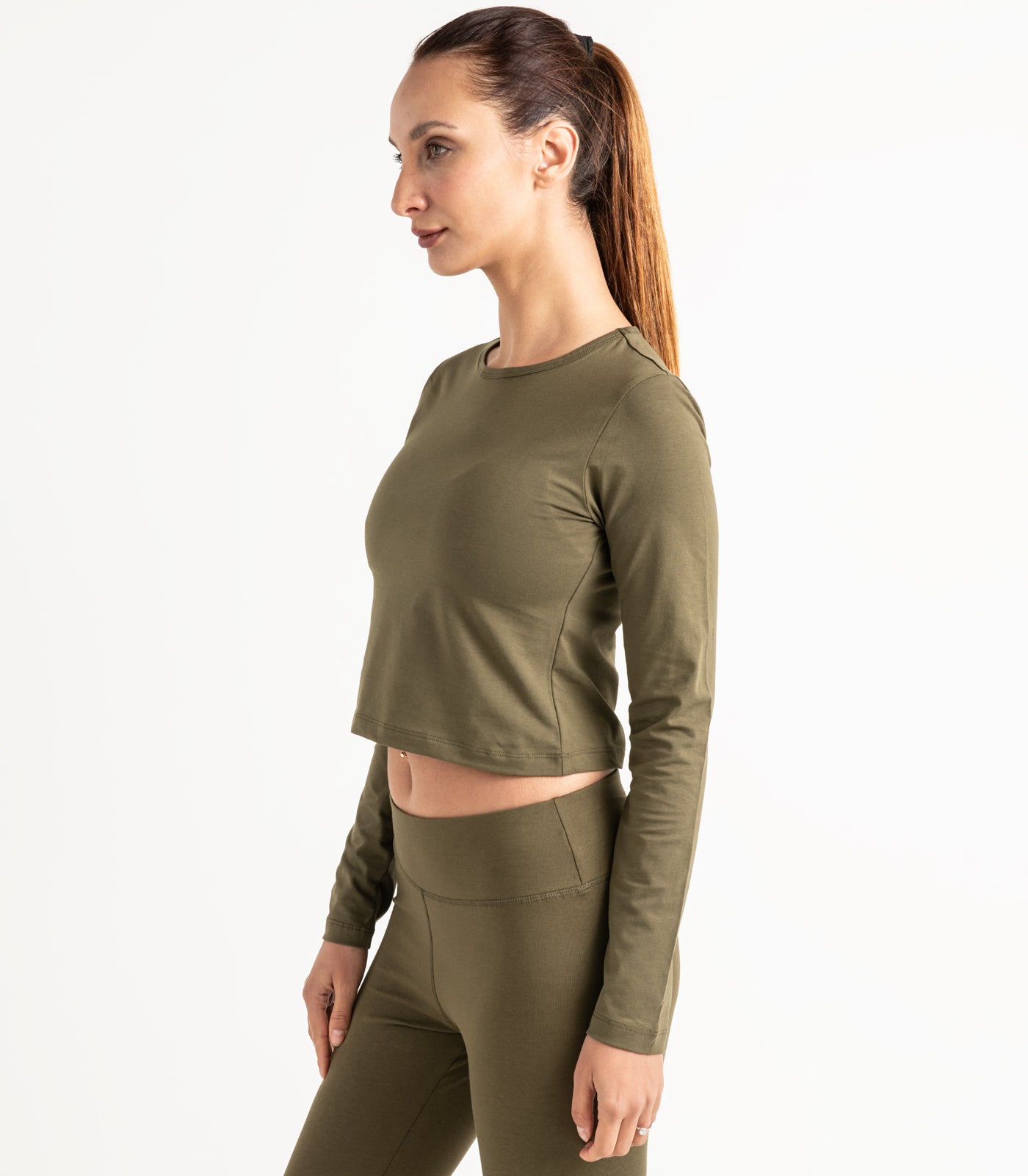 Long Sleeve Fitted Crop Top - Dark Olive