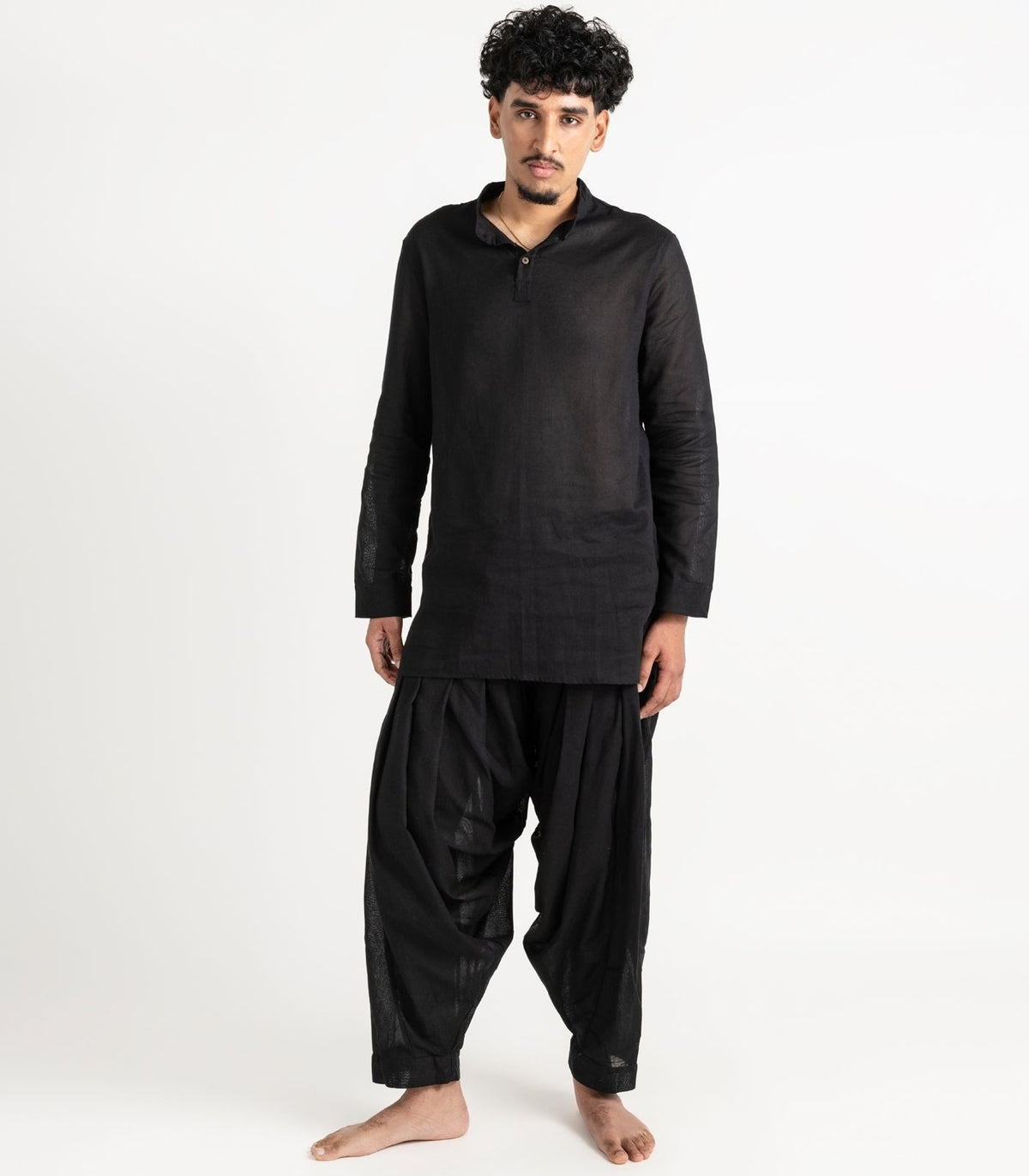 Men's Organic Khadi Kurta Top Long Sleeve - Black