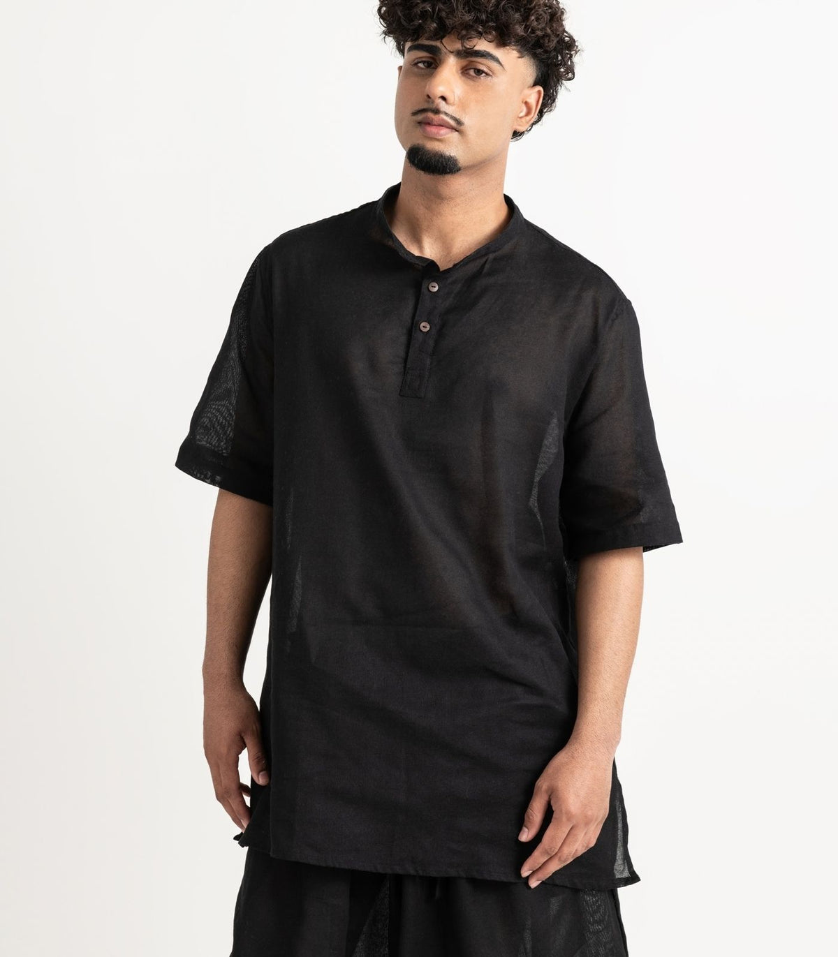 Men's Organic Khadi Kurta Top Short Sleeve - Black
