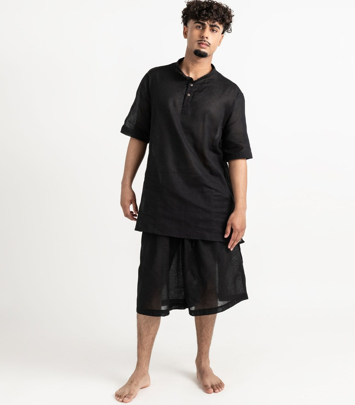 Men's Organic Khadi Kurta Top Short Sleeve - Black