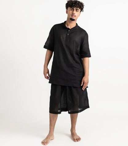 Men's Organic Khadi Kurta Top Short Sleeve - Black