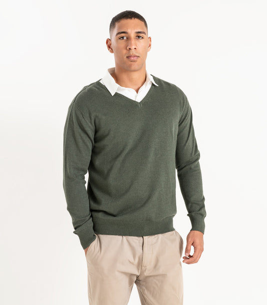 Bhumi Organic Cotton - Fine Knit V-Neck Sweater - Olive
