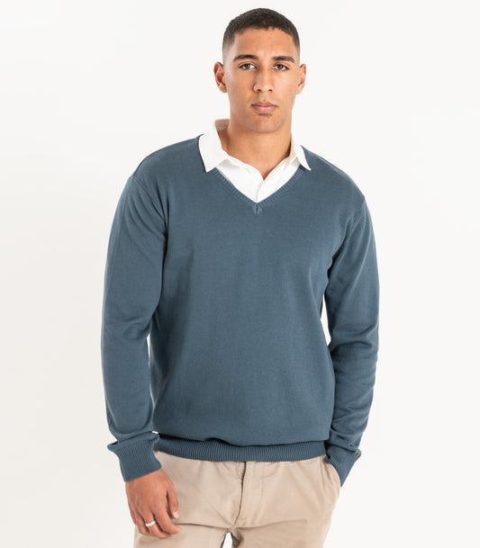 Bhumi Organic Cotton - Fine Knit V-Neck Sweater - Orion Blue