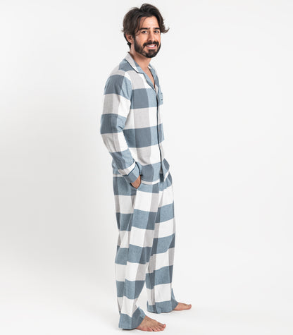 Bhumi Organic Cotton - Men's Flannelette PJ Set - Powder Blue Check