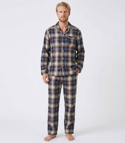 Men's Organic Cotton Flannelette Long PJ Set - Blue Plaid