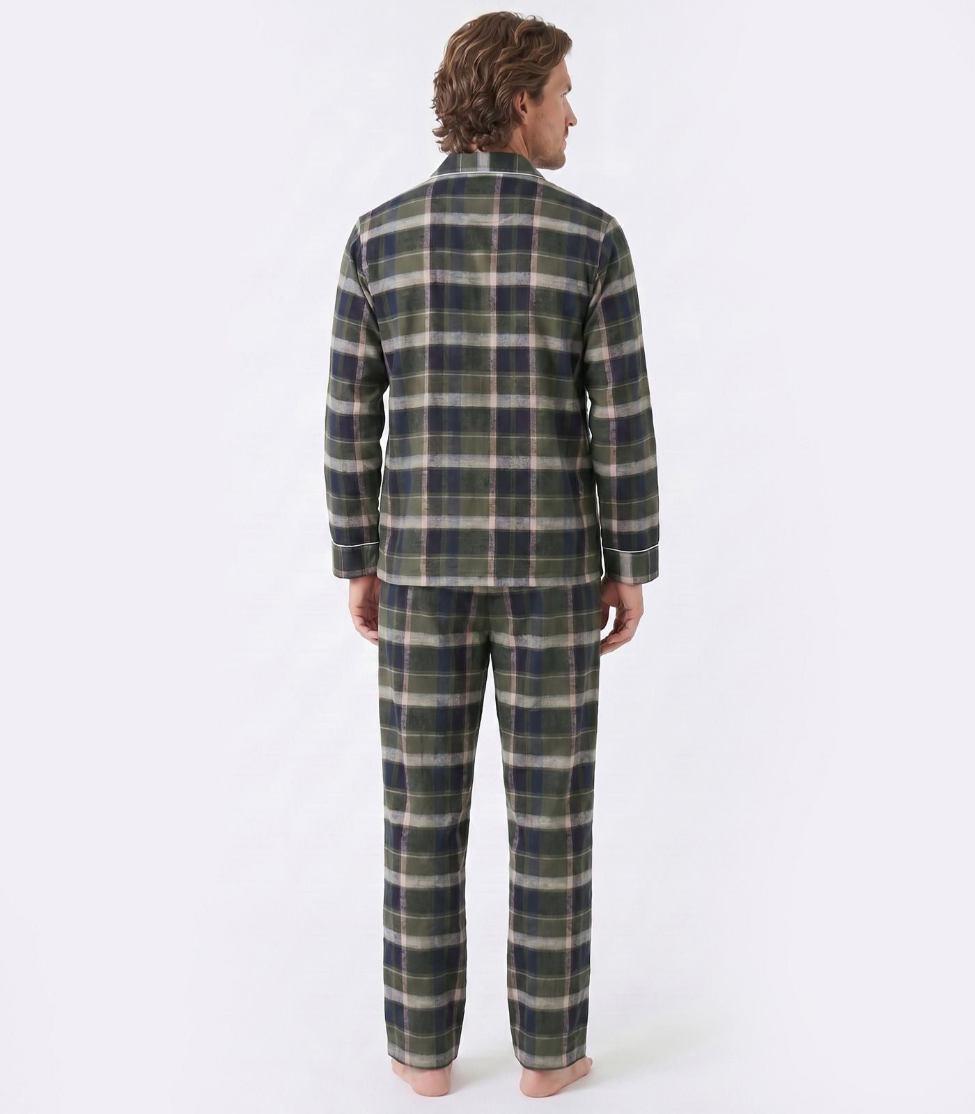 Men's Organic Cotton Flannelette Long PJ Set - Green Plaid