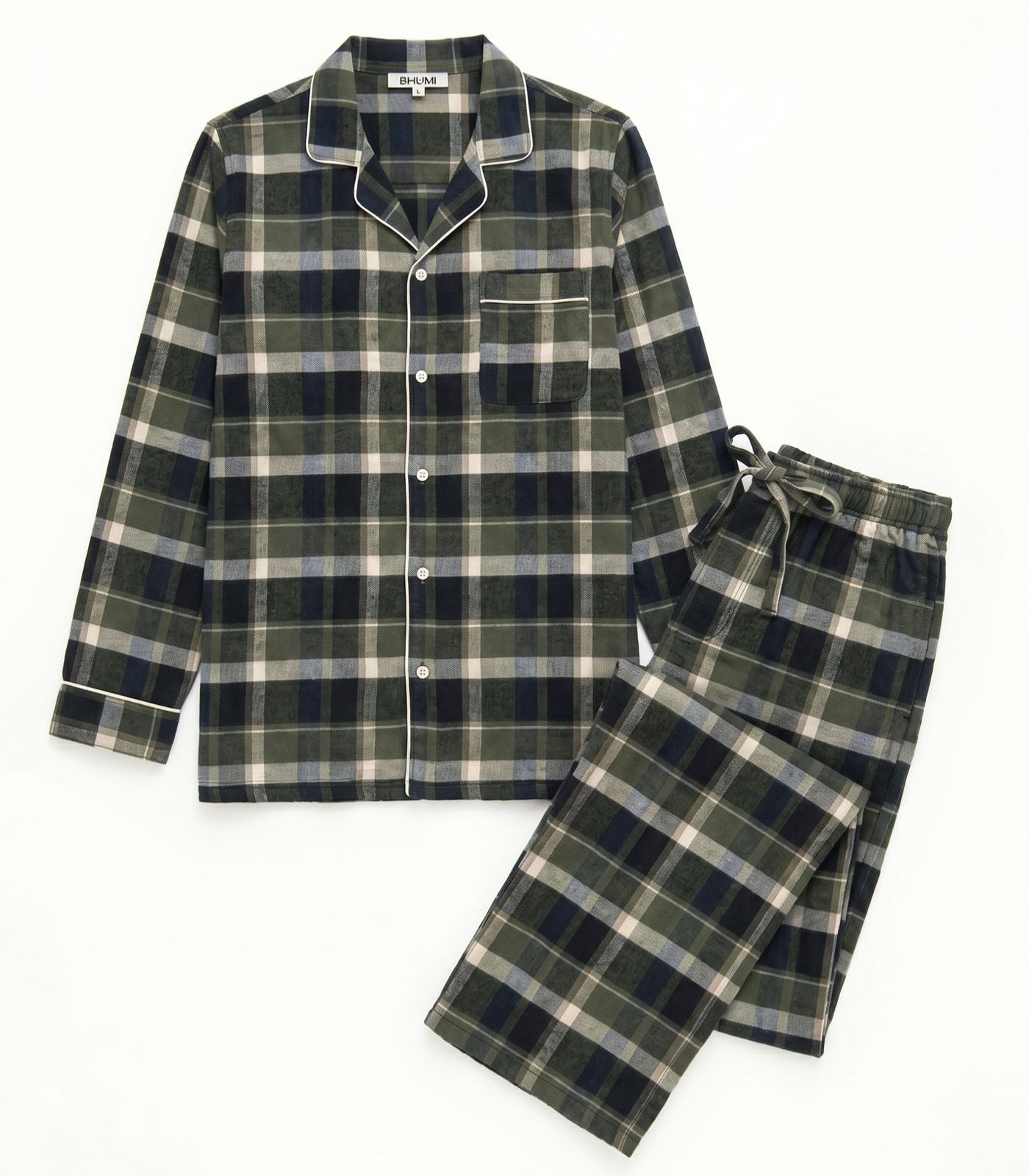 Men's Organic Cotton Flannelette Long PJ Set - Green Plaid
