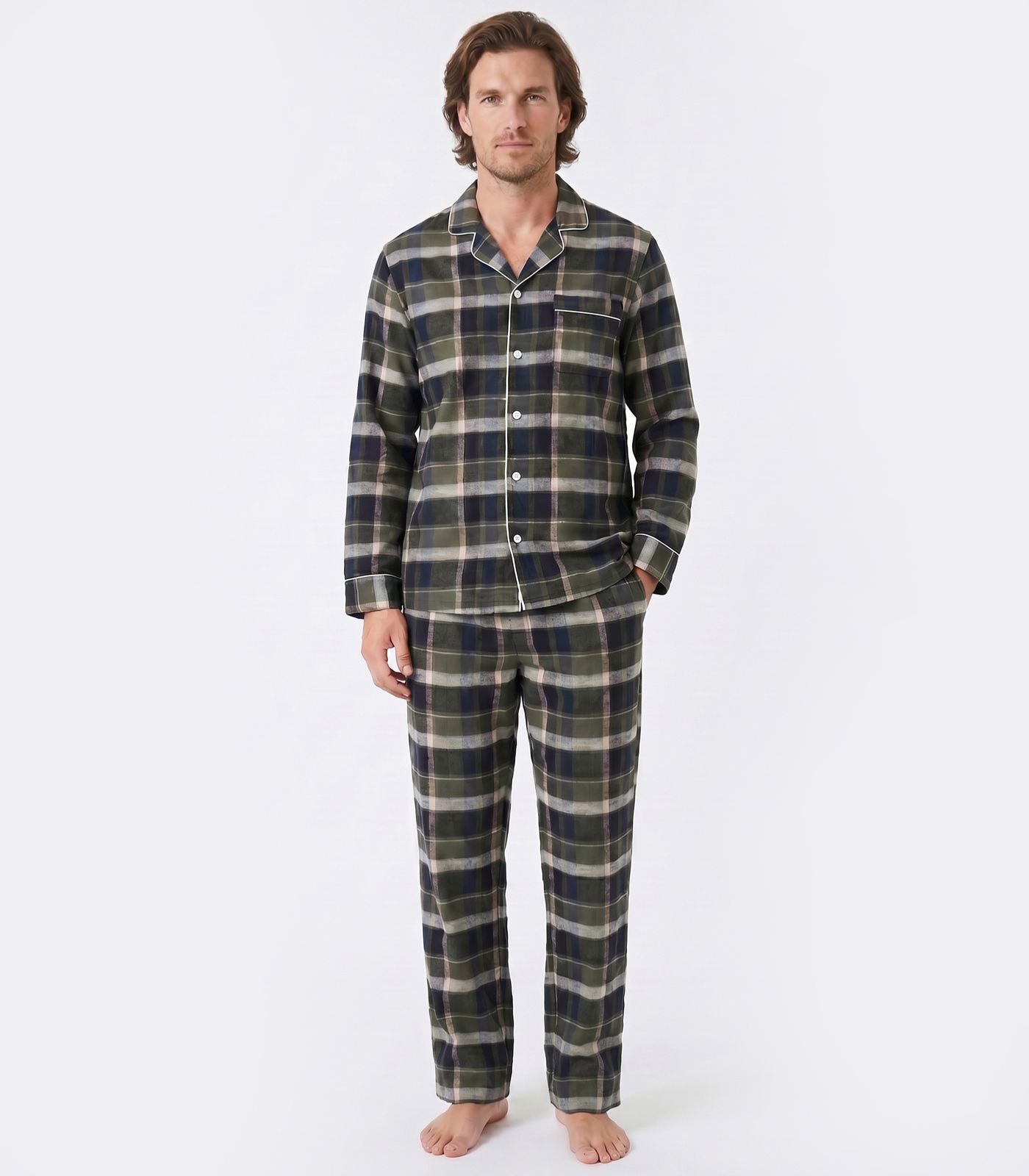 Men's Organic Cotton Flannelette Long PJ Set - Green Plaid