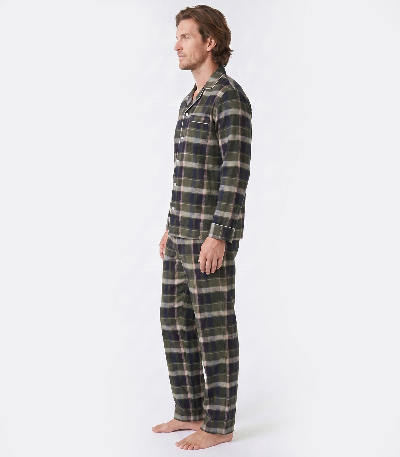 Men's Organic Cotton Flannelette Long PJ Set - Green Plaid