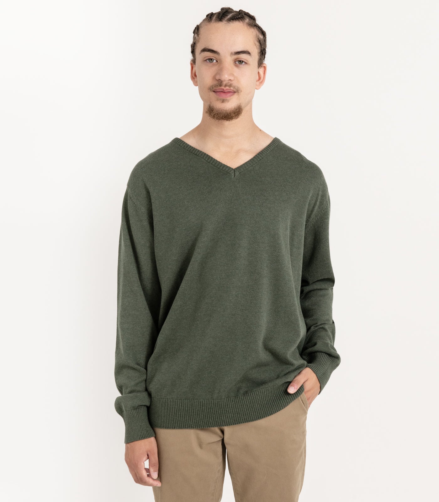 Bhumi Organic Cotton - Fine Knit V Neck Sweater - Olive