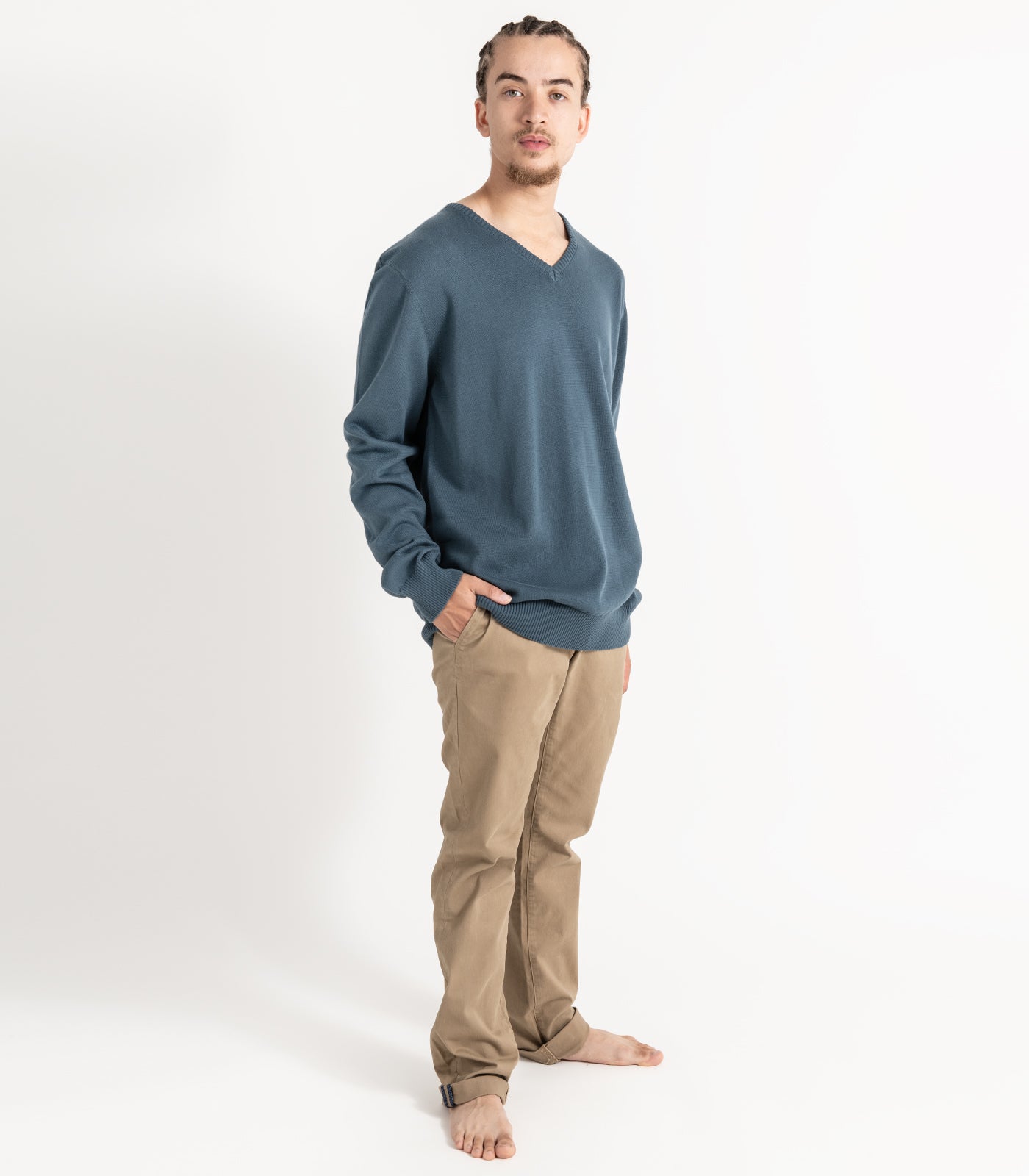 Bhumi Organic Cotton - Fine Knit V Neck Sweater - Orion Blue