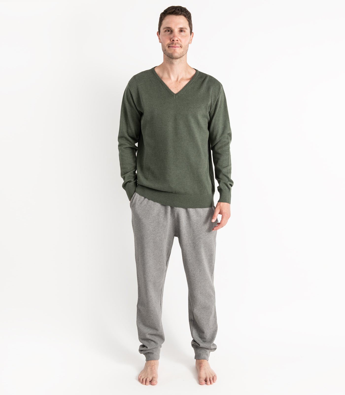 Bhumi Organic Cotton - Fine Knit V Neck Sweater - Olive