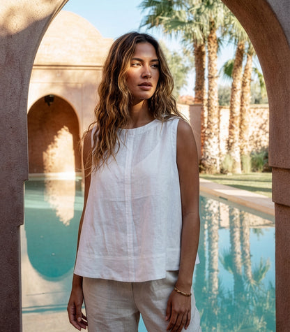 Organic Linen Sleeveless Lounge Shirt - White