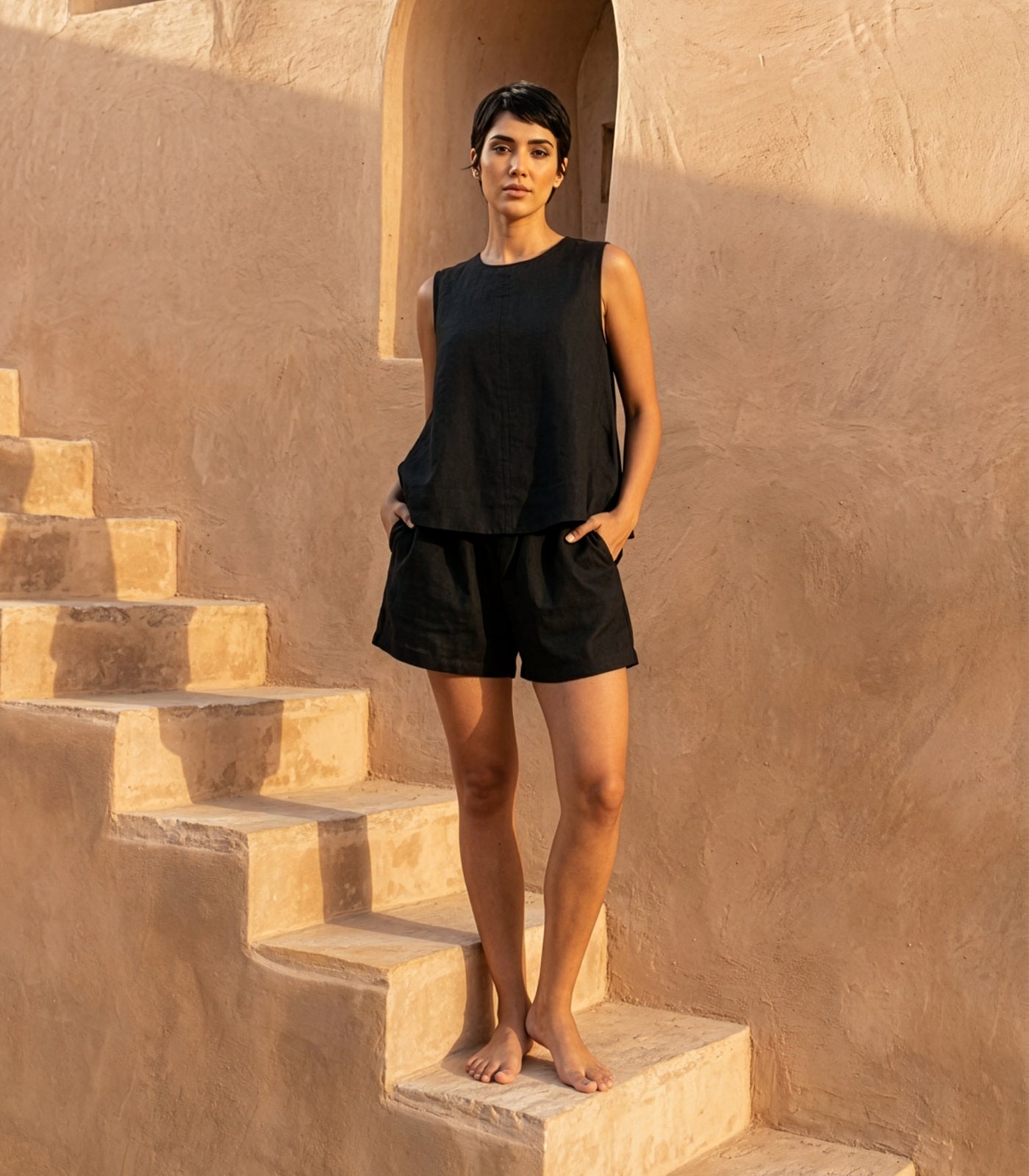 Organic Linen Sleeveless Lounge Shirt - Black