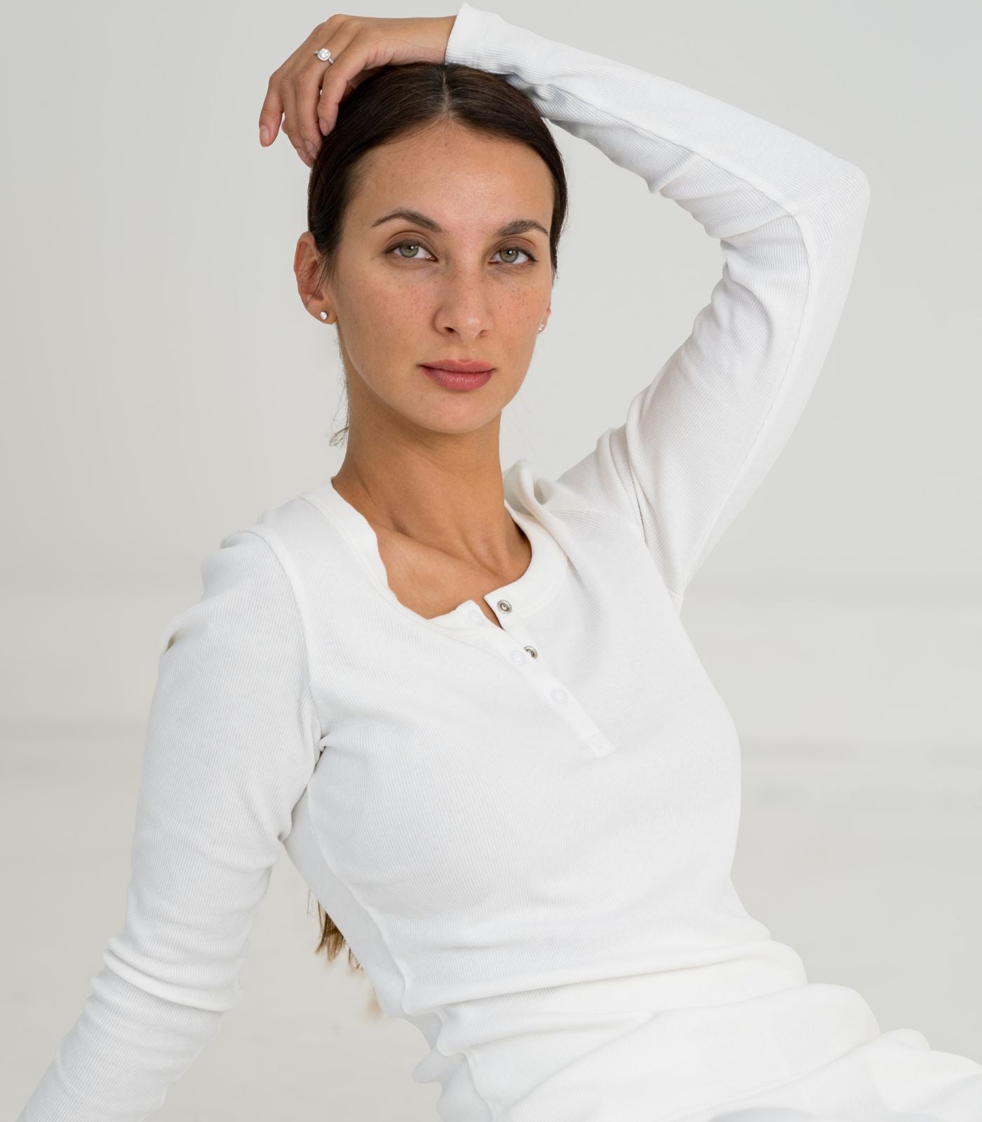 Ribbed Long Sleeve Button Top - White