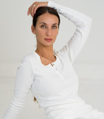 Ribbed Long Sleeve Button Top - White