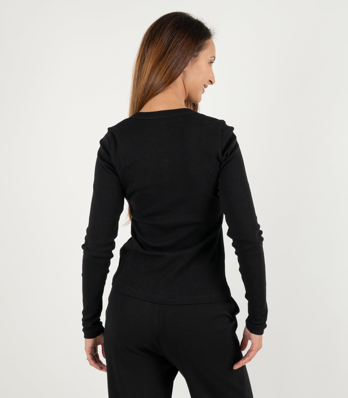 Ribbed Long Sleeve Button Top - Black