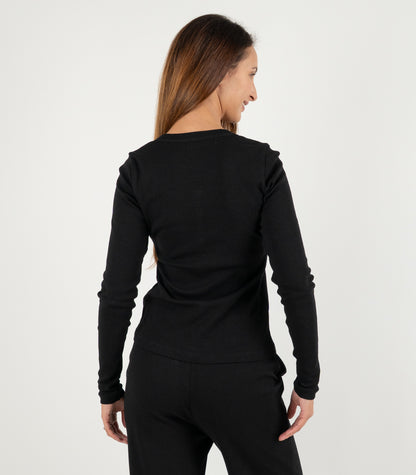 Ribbed Long Sleeve Button Top - Black