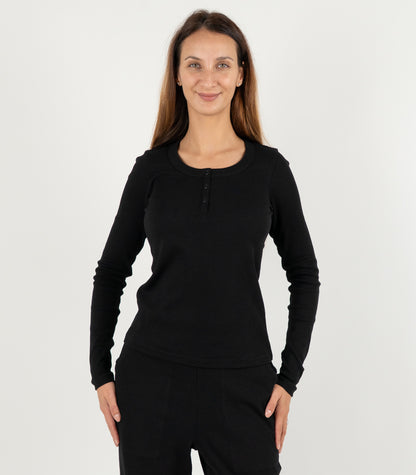 Ribbed Long Sleeve Button Top - Black