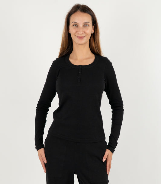 Ribbed Long Sleeve Button Top - Black