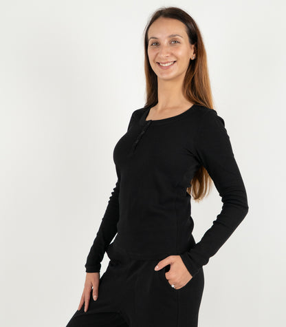 Ribbed Long Sleeve Button Top - Black
