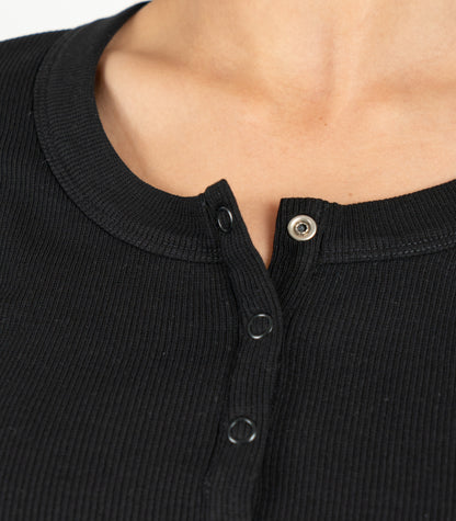 Ribbed Long Sleeve Button Top - Black