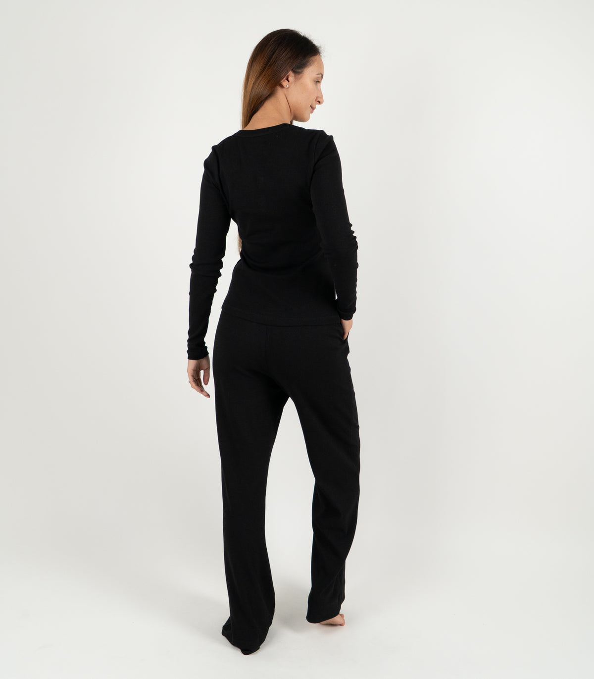 Ribbed Long Sleeve Button Top - Black