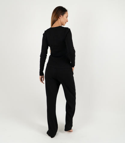 Ribbed Long Sleeve Button Top - Black