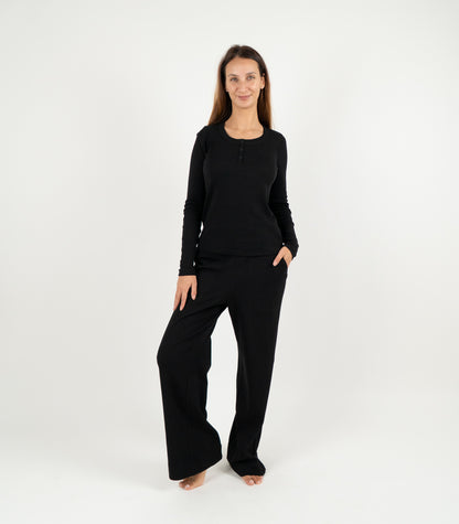 Ribbed Long Sleeve Button Top - Black