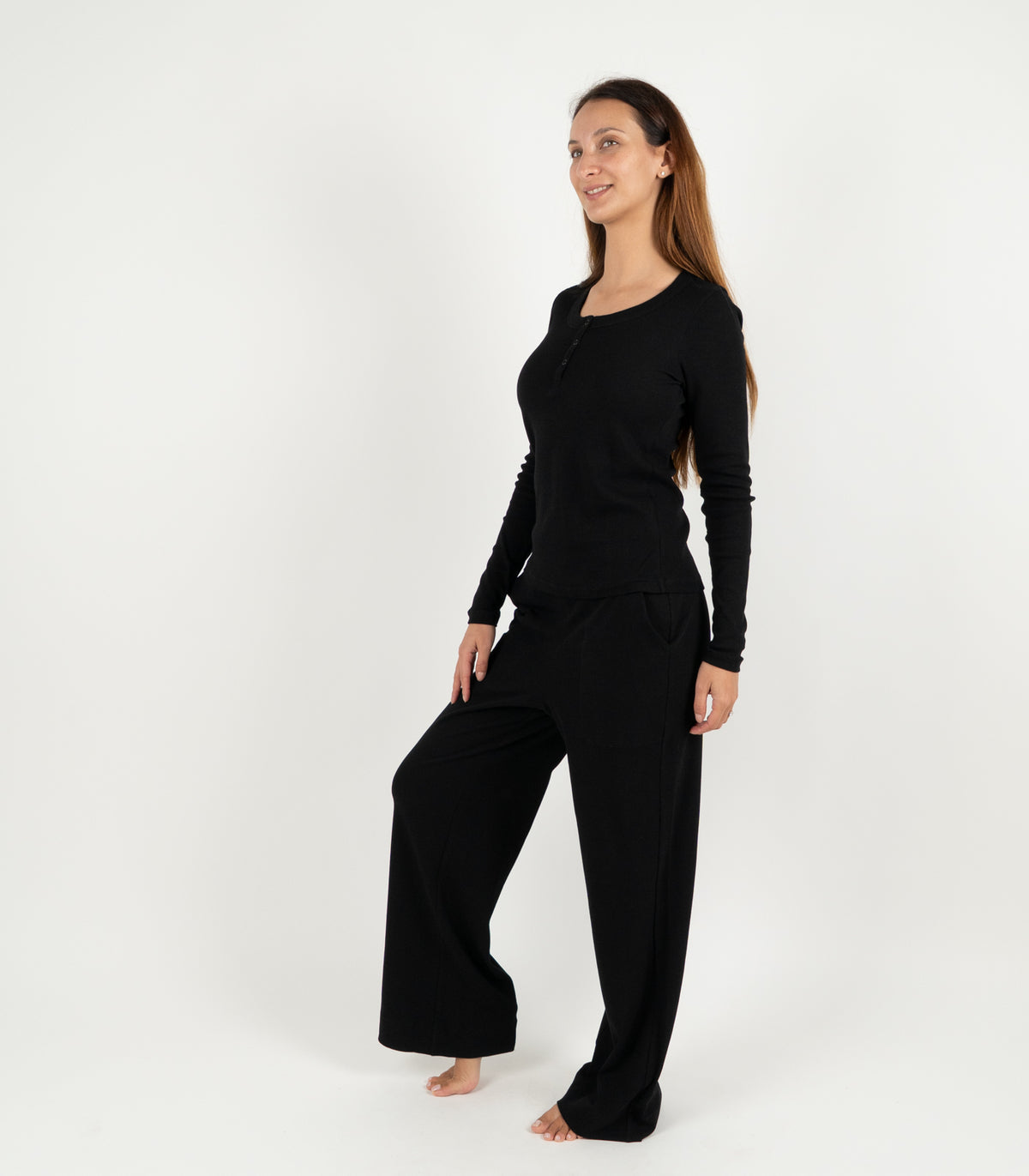 Ribbed Long Sleeve Button Top - Black