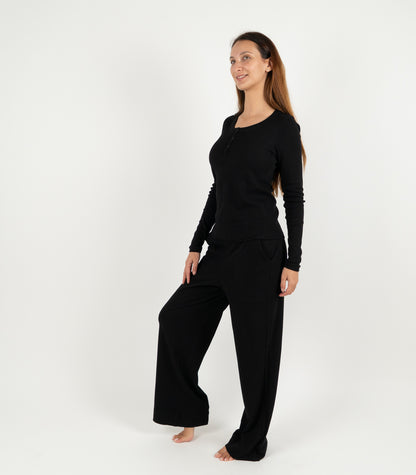 Ribbed Long Sleeve Button Top - Black