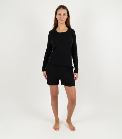 Ribbed Long Sleeve Button Top - Black