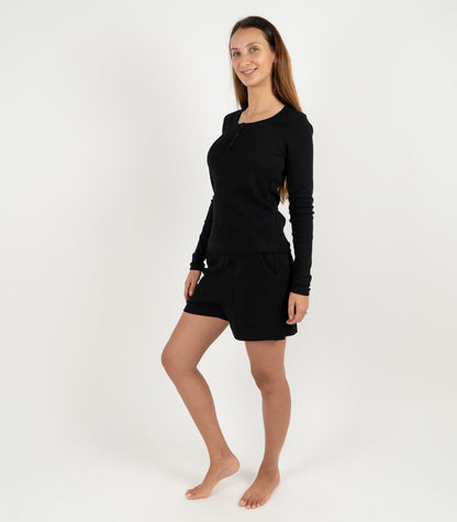 Ribbed Long Sleeve Button Top - Black